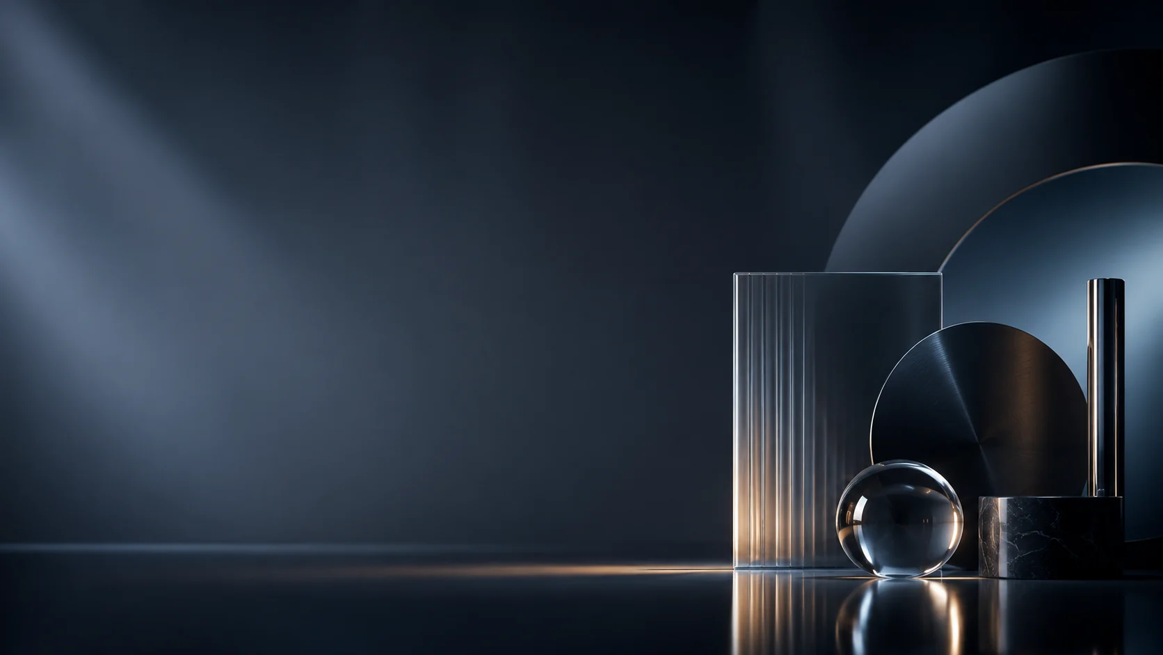 Dark premium abstract display with geometric glass and metal objects representing Swift Runner LLC consumer brand development.